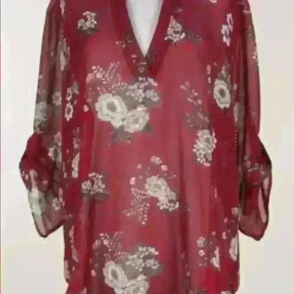 Burgundy floral sheer blouse Size 1X - Picture 5 of 5
